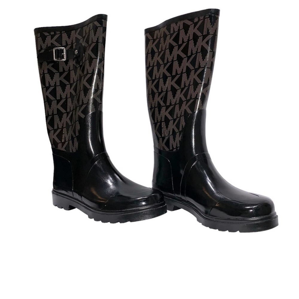 MICHAEL KORS - Signature logo Rain boots, size 10, black w/ brown MK logos - Picture 6 of 10